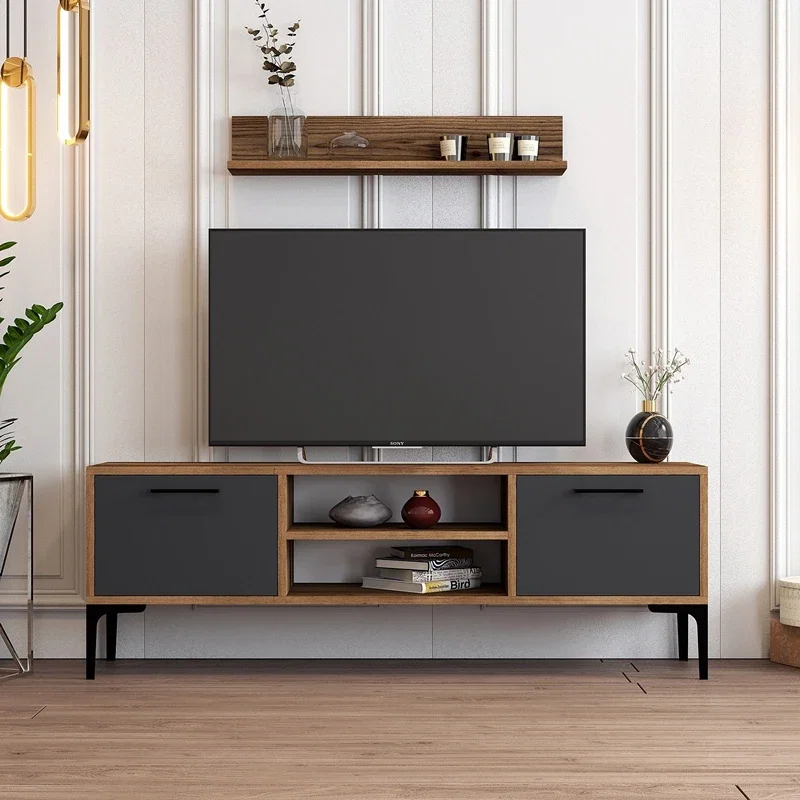 Mobilier TV Riga, lemn nuc si antracit, cu rafturi si picioare metalice, 140 cm [3]