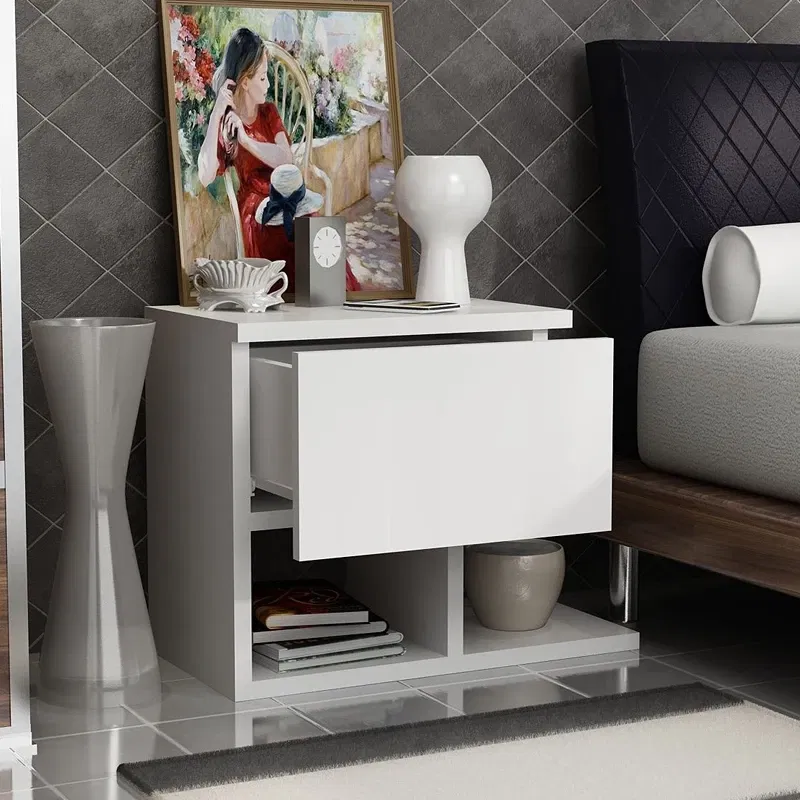Noptiera alba, 47 x 37 cm, cu raft si sertar, design minimalist [2]