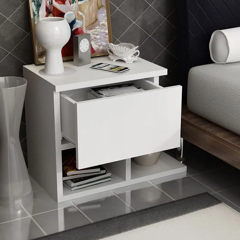 Noptiera alba, 47 x 37 cm, cu raft si sertar, design minimalist [3]