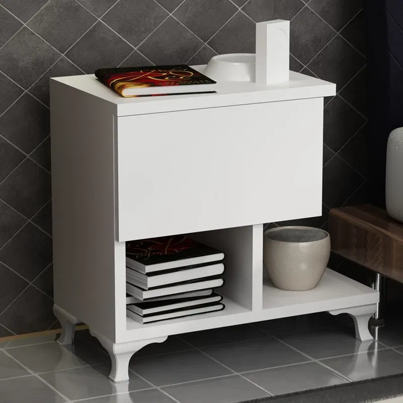 Noptiera Cast, alba, 47 x 47 cm, cu raft si sertar, stil minimalist [3]