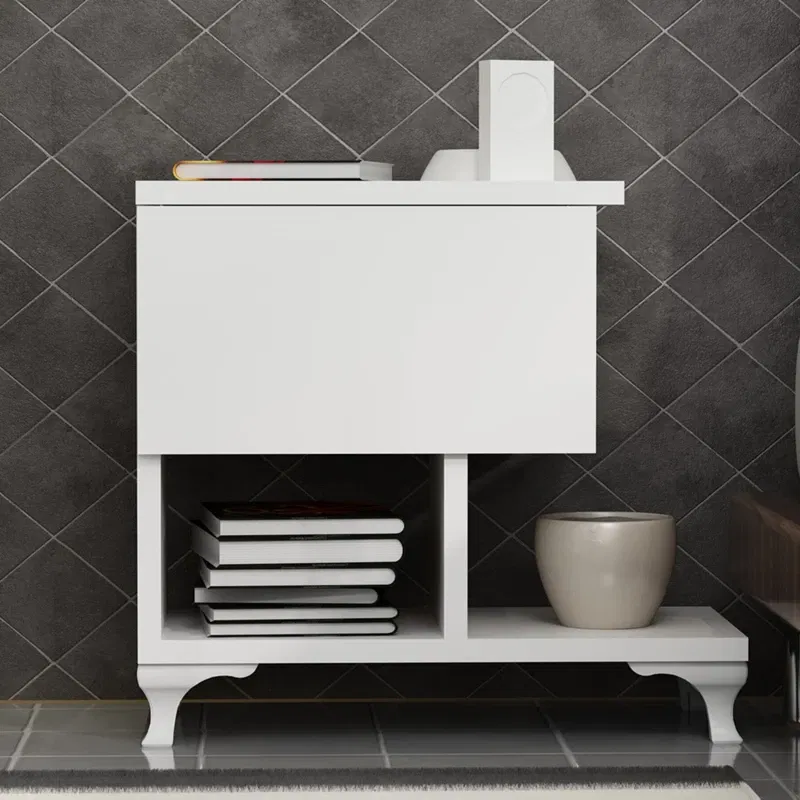 Noptiera Cast, alba, 47 x 47 cm, cu raft si sertar, stil minimalist [2]