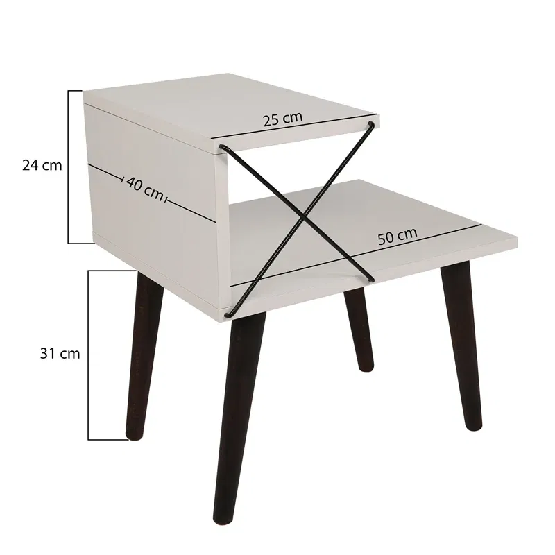 Noptiera Cross alba cu rafturi incrucisate si picioare din lemn [5]