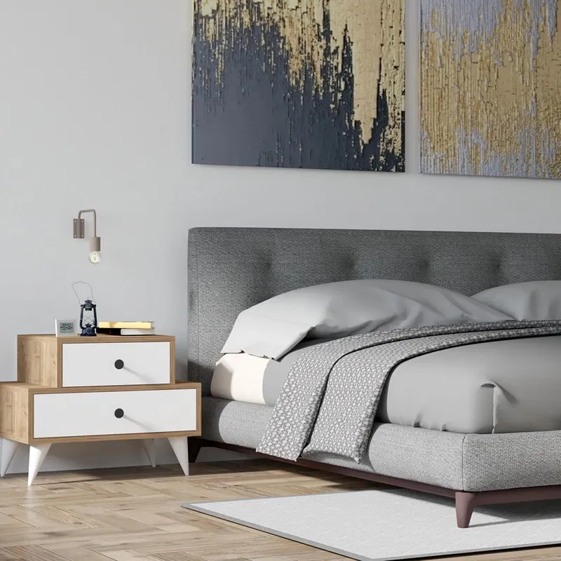 Noptiera Mise, design modern, alb si nuc, cu 2 sertare si spatiu de depozitare, 63 cm [1]