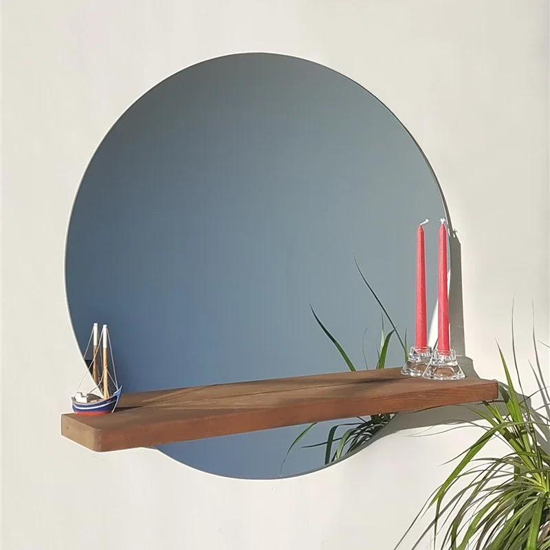 Oglinda rotunda cu raft din lemn de pin, stil minimalist [1]