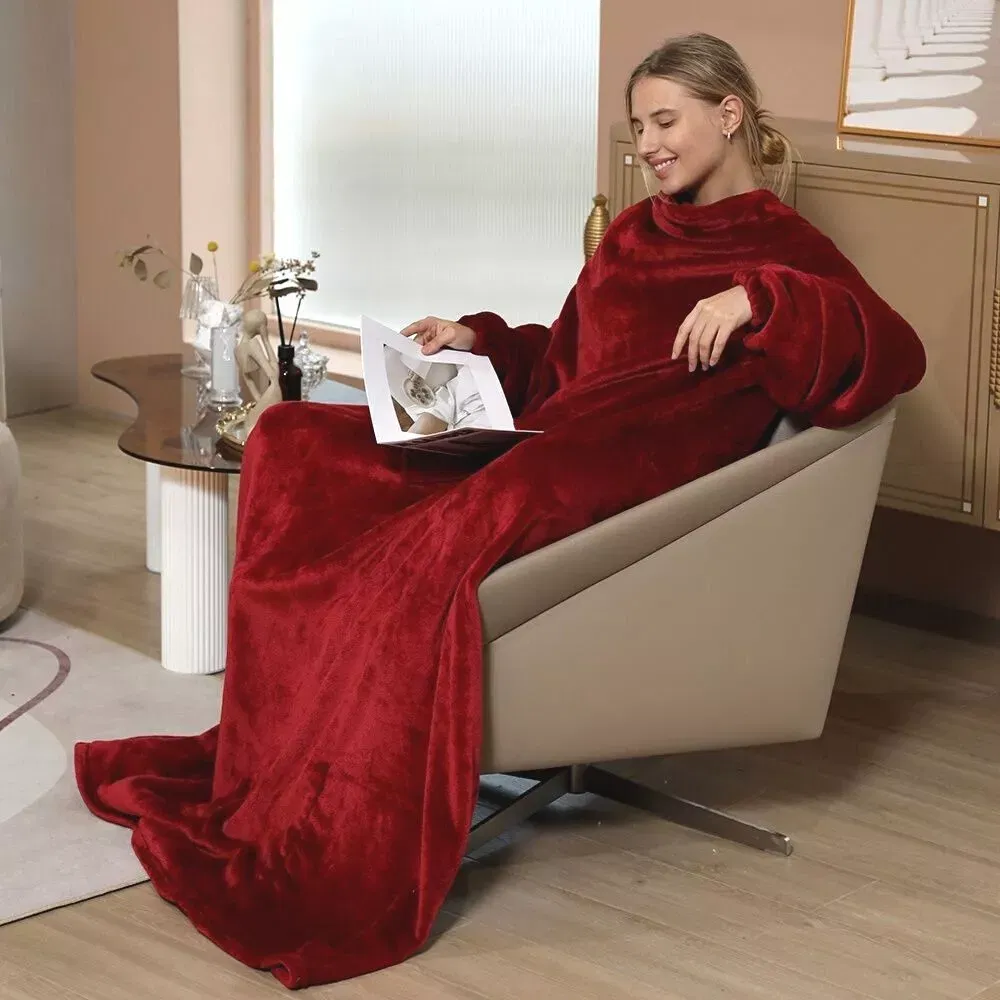 Patura cu maneci, buzunar si prindere la spate, Super Catifelata, 340g/mp, Rosie [4]