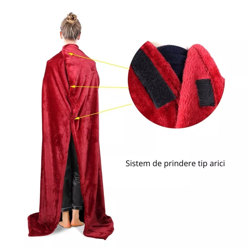 Patura cu maneci, buzunar si prindere la spate, Super Catifelata, 340g/mp, Rosie [9]