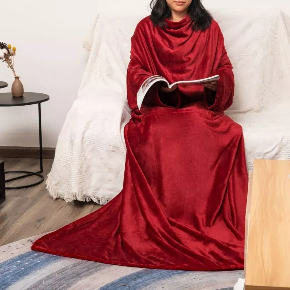 Patura cu maneci, buzunar si prindere la spate, Super Catifelata, 340g/mp, Rosie [8]