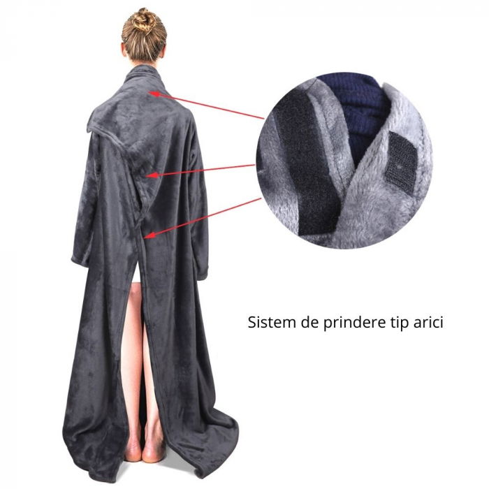 Patura cu maneci, buzunar si prindere la spate, Super Catifelata, 340g/mp, Gri [11]