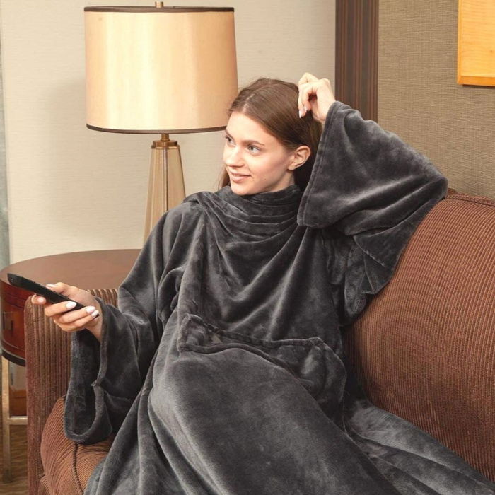 Patura cu maneci, buzunar si prindere la spate, Super Catifelata, 340g/mp, Gri [2]