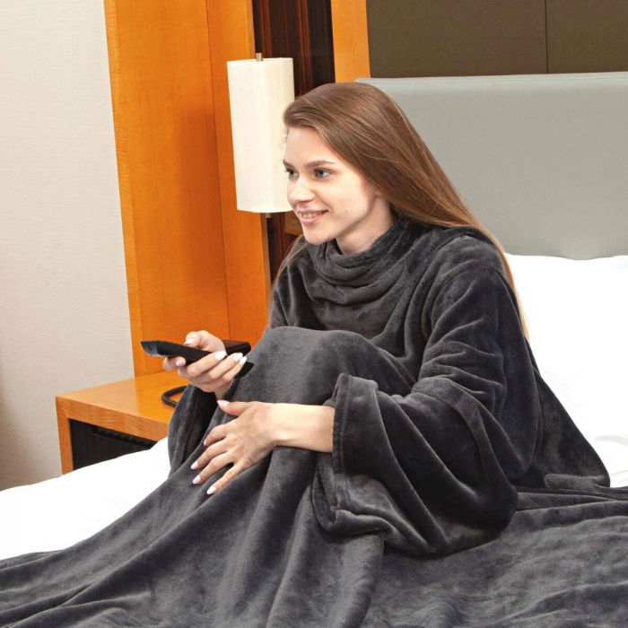 Patura cu maneci, buzunar si prindere la spate, Super Catifelata, 340g/mp, Gri [3]