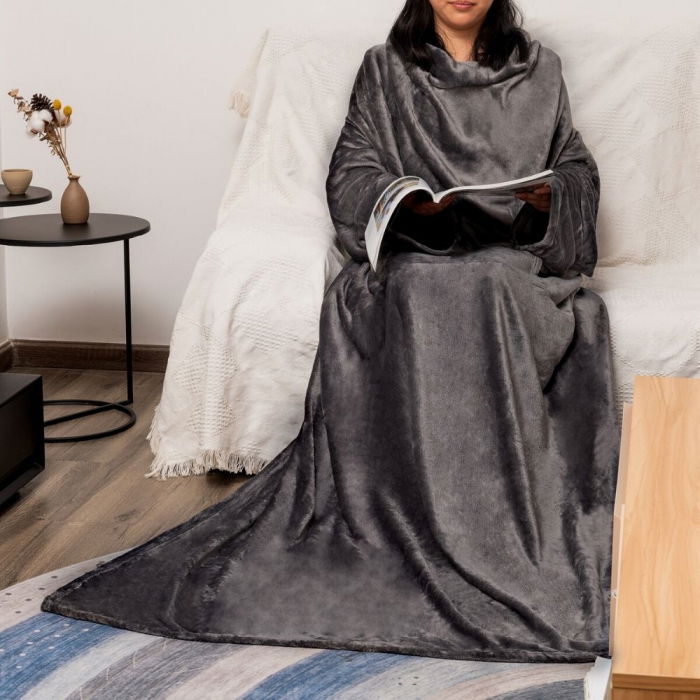 Patura cu maneci, buzunar si prindere la spate, Super Catifelata, 340g/mp, Gri [7]