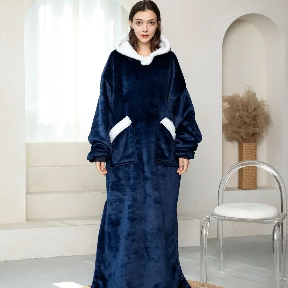 Patura cu maneci, gluga si buzunar DELUXE, Captusita, Ultra Calduroasa, 440g/mp, Albastra [6]