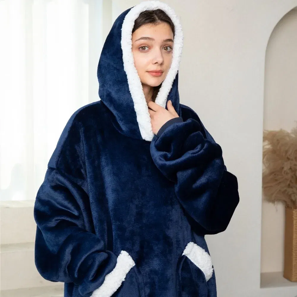 Patura cu maneci, gluga si buzunar DELUXE, Captusita, Ultra Calduroasa, 440g/mp, Albastra [8]