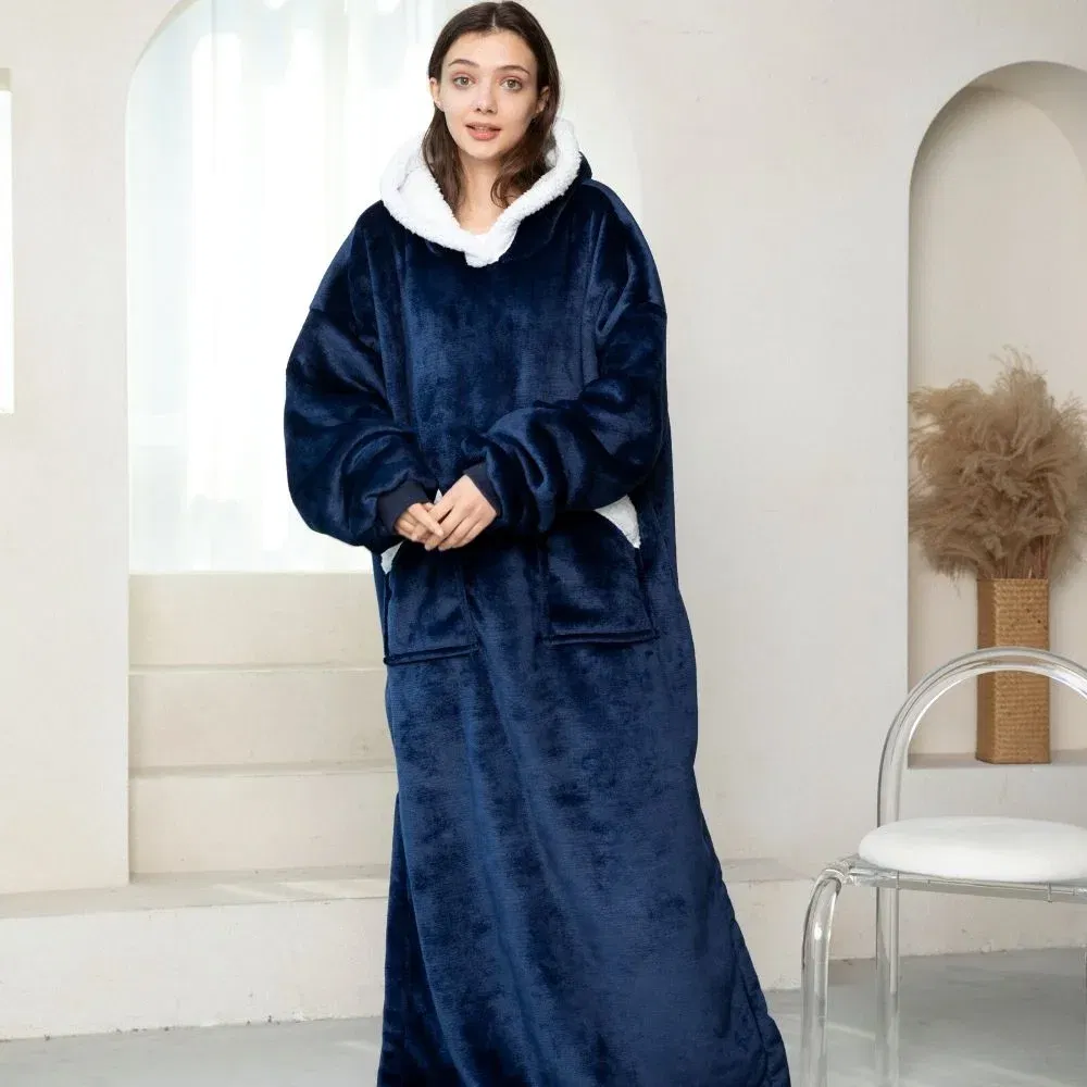 Patura cu maneci, gluga si buzunar DELUXE, Captusita, Ultra Calduroasa, 440g/mp, Albastra [7]