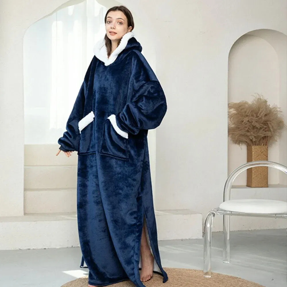 Patura cu maneci, gluga si buzunar DELUXE, Captusita, Ultra Calduroasa, 440g/mp, Albastra [1]