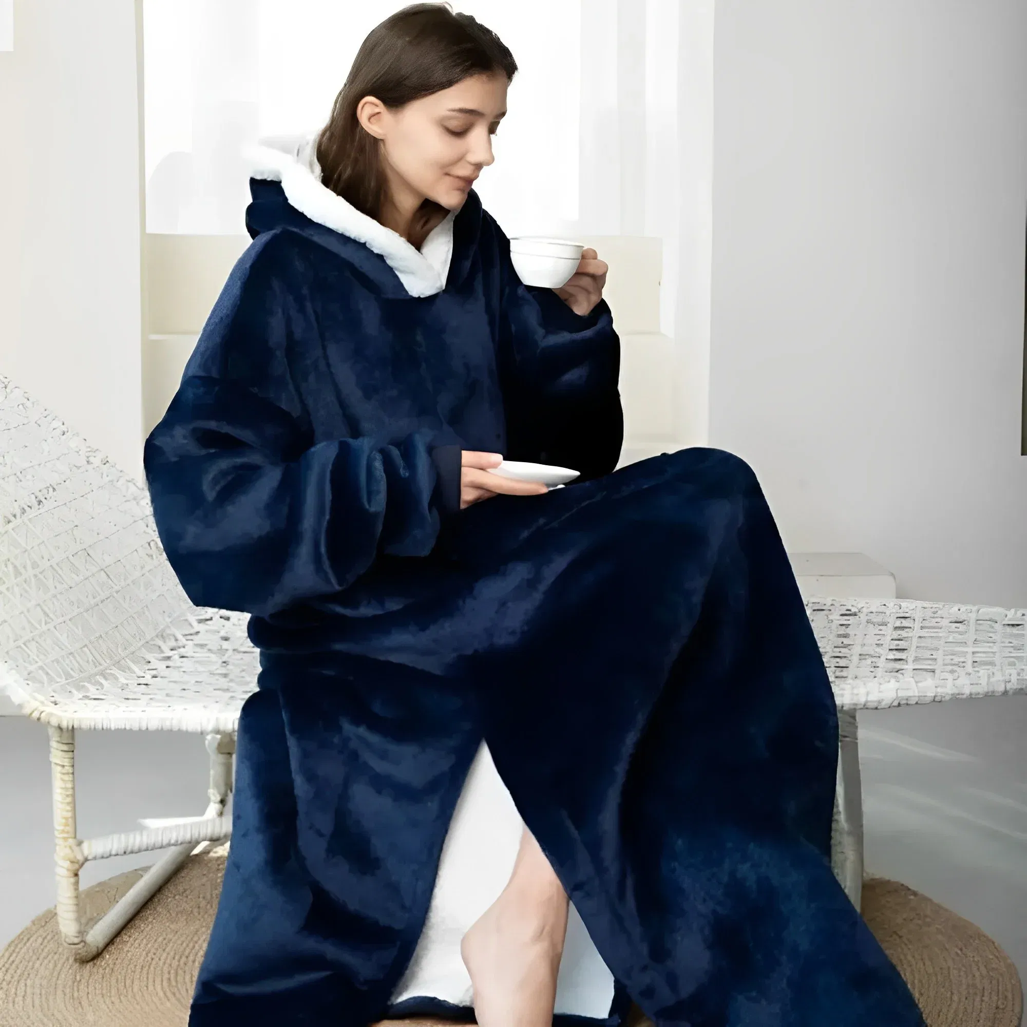 Patura cu maneci, gluga si buzunar DELUXE, Captusita, Ultra Calduroasa, 440g/mp, Albastra [4]