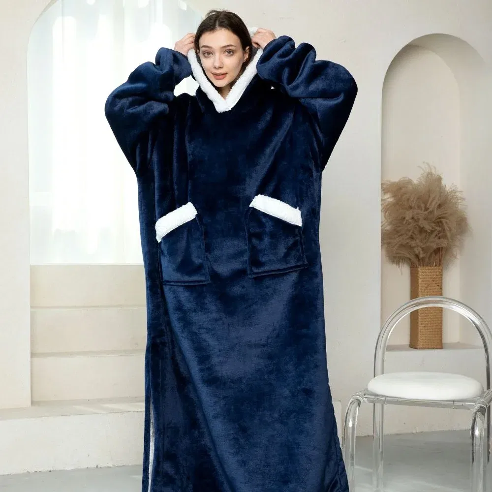 Patura cu maneci, gluga si buzunar DELUXE, Captusita, Ultra Calduroasa, 440g/mp, Albastra [3]