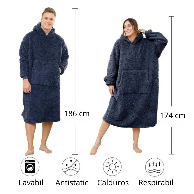 Patura cu maneci Hanorac cu gluga si buzunar cangur Flanel 250g/mp 135 cm Albastru [4]