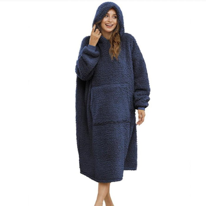 Patura cu maneci Hanorac cu gluga si buzunar cangur Flanel 250g/mp 135 cm Albastru [7]