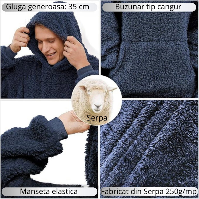 Patura cu maneci Hanorac cu gluga si buzunar cangur Flanel 250g/mp 135 cm Albastru [5]
