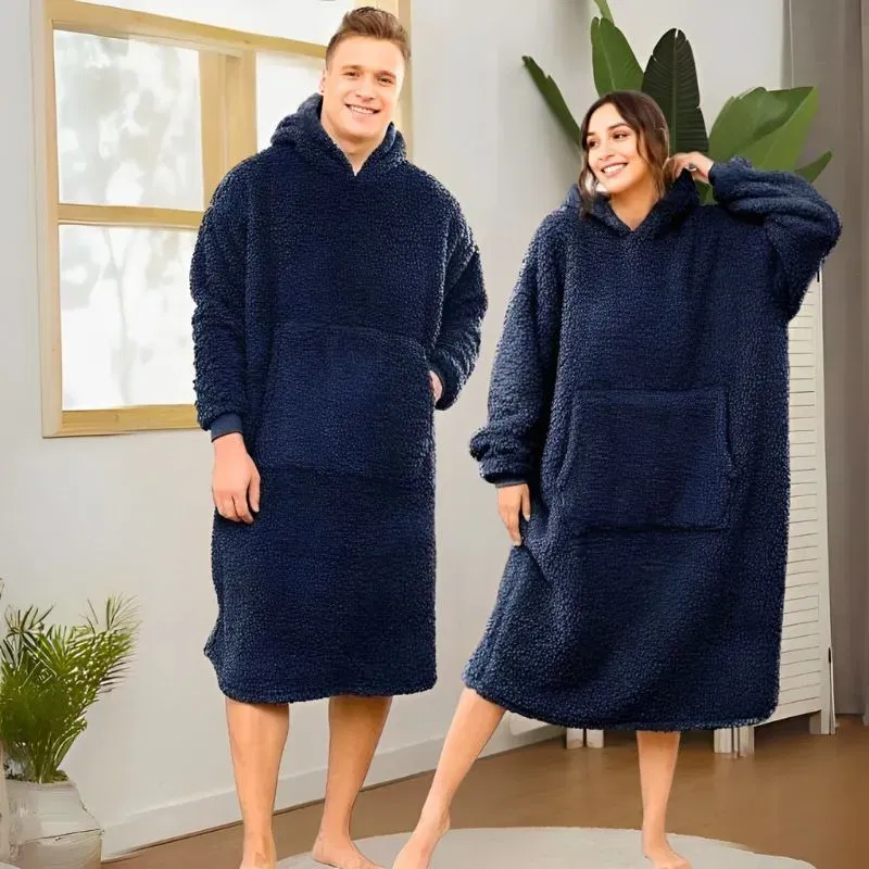 Patura cu maneci Hanorac cu gluga si buzunar cangur Flanel 250g/mp 135 cm Albastru [2]