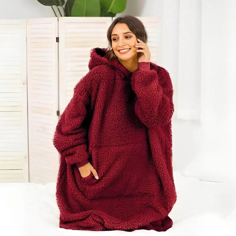 Patura cu maneci Hanorac cu gluga si buzunar cangur Flanel 250g/mp 135 cm Rosu [2]