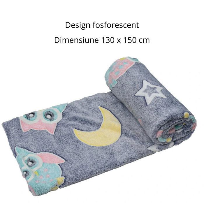 Patura Fosforescenta cu Bufnite Flanel 130 x 150 cm [12]