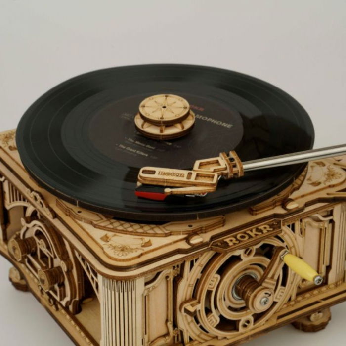 Puzzle 3D Gramafon Clasic Bifunctional, manual si automat, Lemn, Robotime [6]
