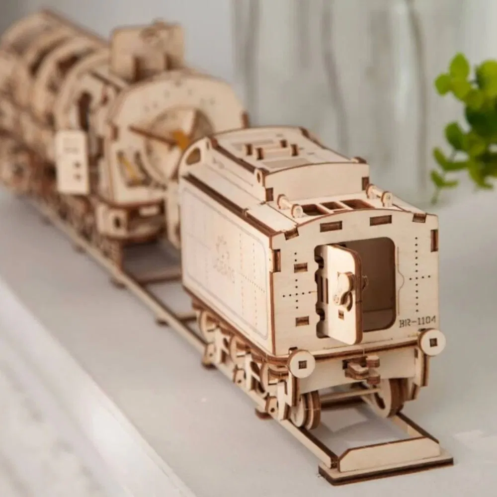Puzzle 3D Locomotiva cu Aburi si Vagon din Lemn Ugears [5]