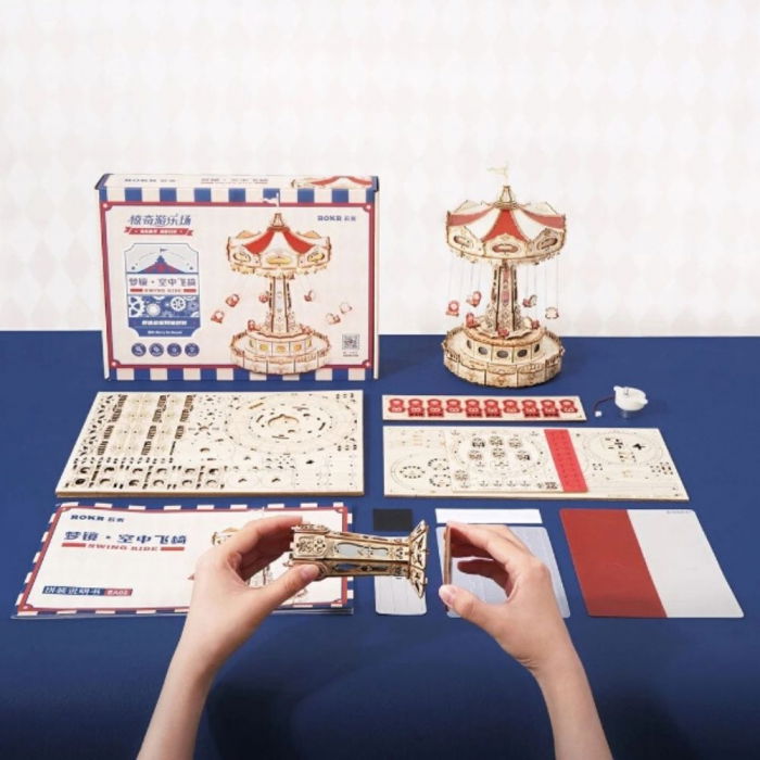 Puzzle 3D, Roata din parcul de distractii, Carusel din lemn, Robotime [6]