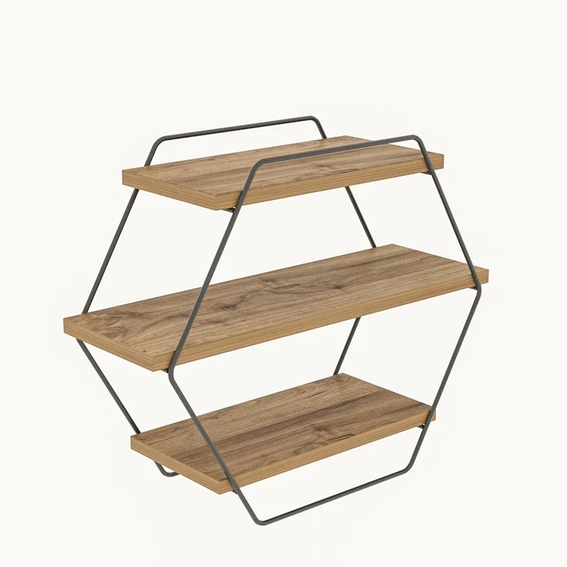 Raft de perete hexagonal, lemn si metal, design modern, 60 cm [3]