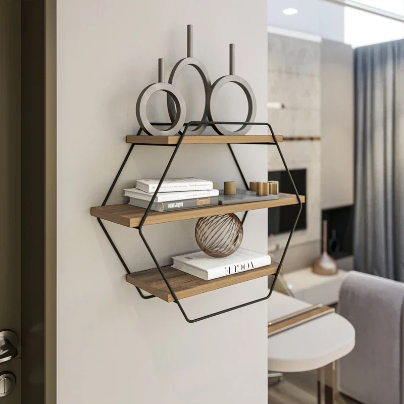 Raft de perete hexagonal, lemn si metal, design modern, 60 cm [2]