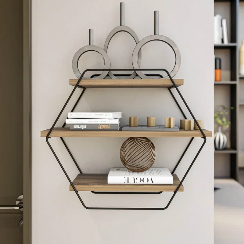 Raft de perete hexagonal, lemn si metal, design modern, 60 cm [1]