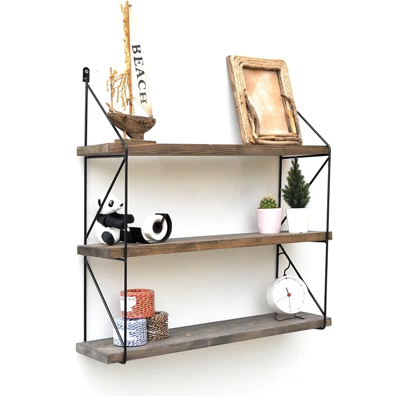 Raft de perete nuc-negru, 60 cm, cadru metalic, stil modern [2]