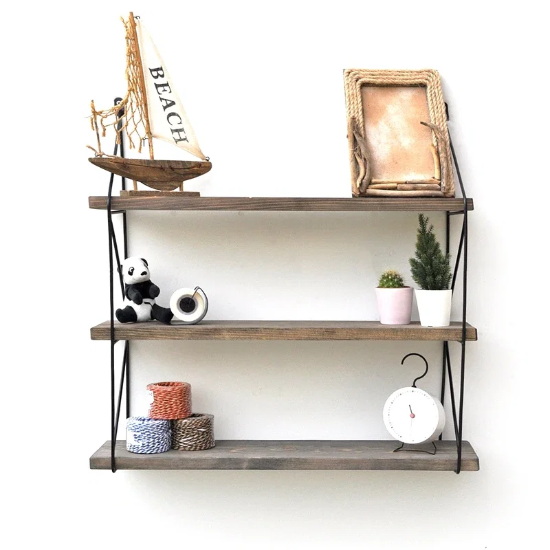 Raft de perete nuc-negru, 60 cm, cadru metalic, stil modern [3]
