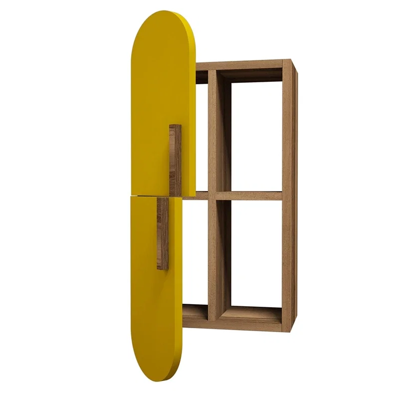Raft de perete Rose, design modern, nuc si galben, cu usa si rafturi, 60 cm [3]
