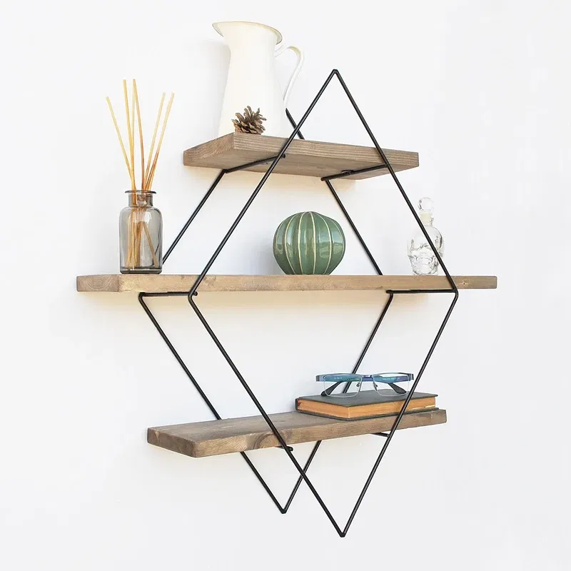 Raft decorativ de perete, nuc-negru, 60 cm, cadru metalic geometric [4]