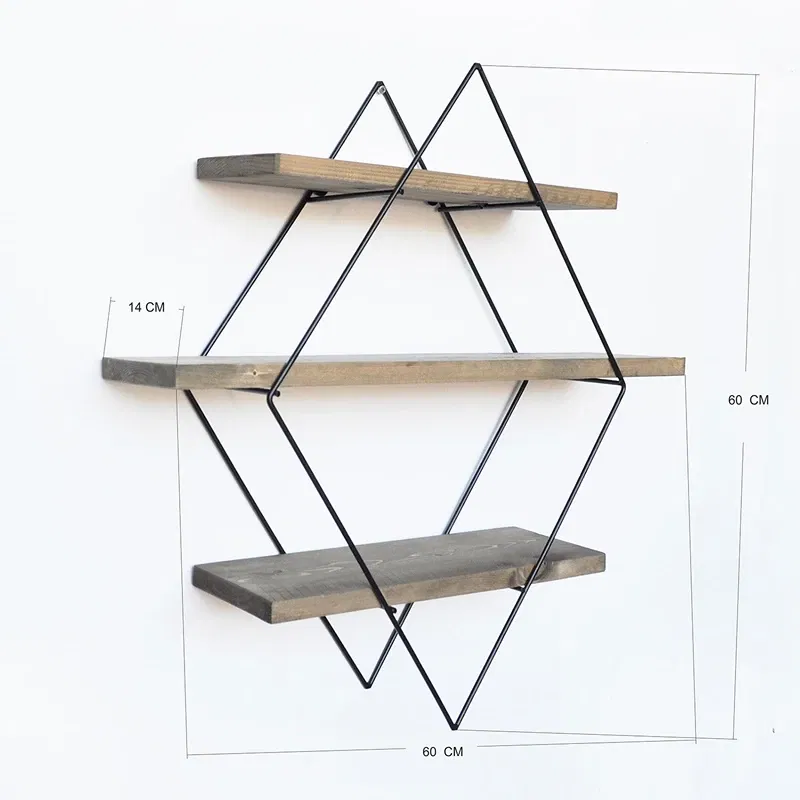 Raft decorativ de perete, nuc-negru, 60 cm, cadru metalic geometric [3]