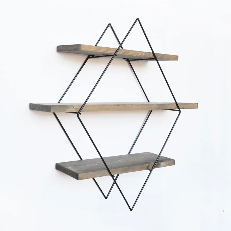 Raft decorativ de perete, nuc-negru, 60 cm, cadru metalic geometric [7]