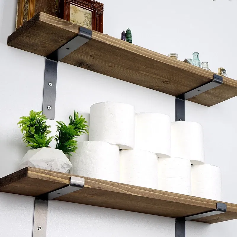 Raft dublu de perete, negru-nuc, 60 cm, suport metalic, design modern [3]