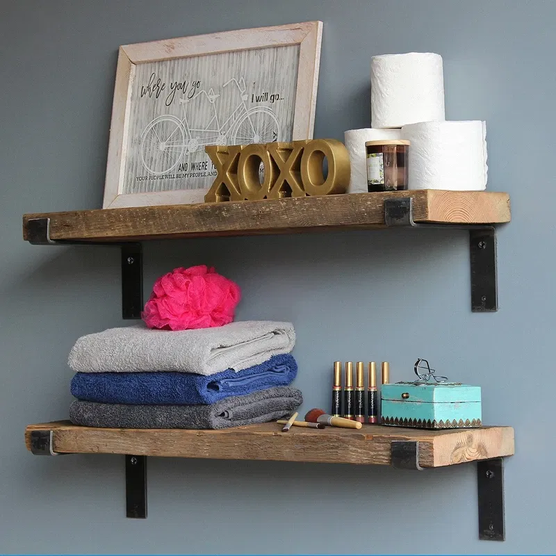 Raft dublu de perete, negru-nuc, 60 cm, suport metalic, design modern [1]