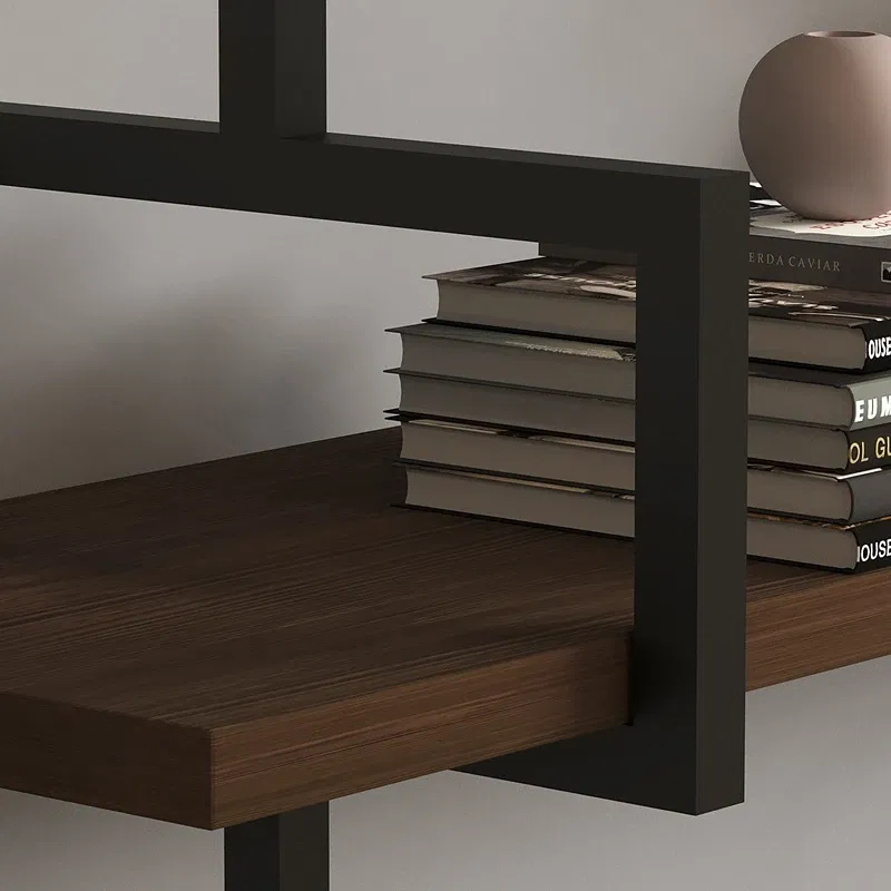 Raft perete lemn nuc, polite suspendate si suport metalic modern [3]