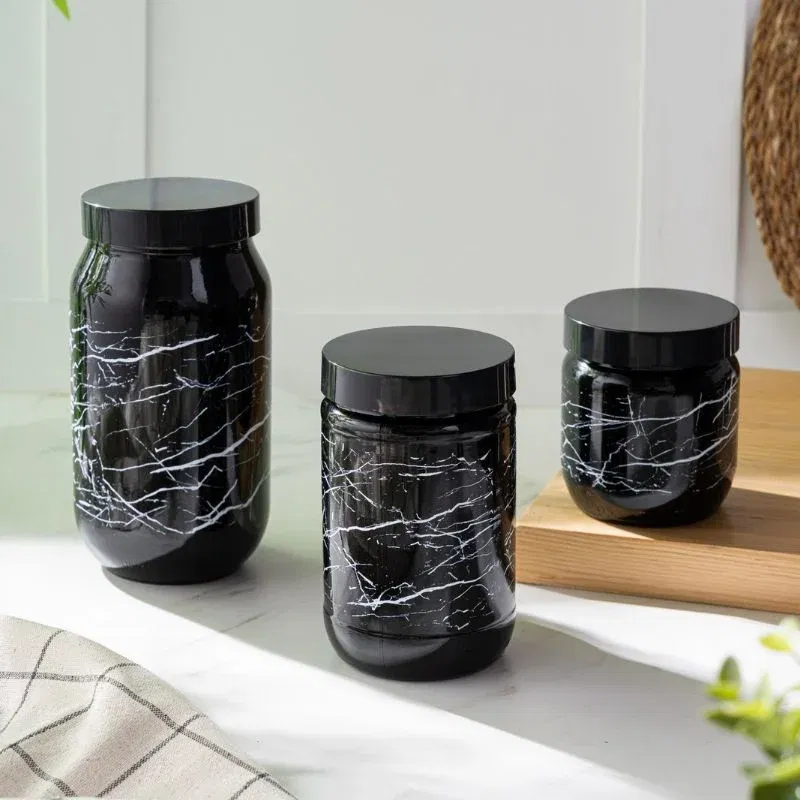 Set 3 Borcane de Sticla cu Capac din Lemn pentru Depozitare Negru [1]