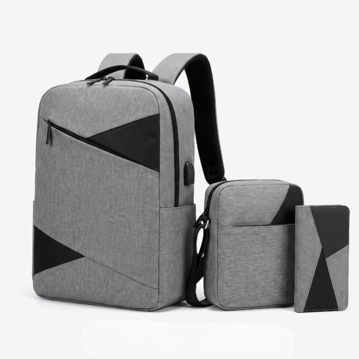 Set 3 in 1 Rucsac calatorie si laptop cu USB, Geanta si Portofel [Brand], Rucsac 41x30x13 cm, Poliester durabil, Ideal pentru scoala, birou si City Break, Gri [1]