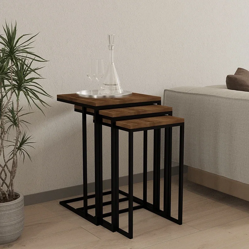 Set 3 masute suprapuse Pino, nuc si negru, design industrial, 60 cm [2]