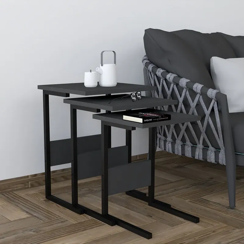 Set 3 mese suprapuse Sali, design modern, negru si antracit, picioare metalice, 40 cm [1]