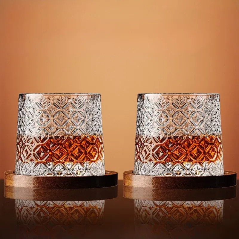 Set 6 pahare whiskey Ice Flower cu baza din lemn [2]