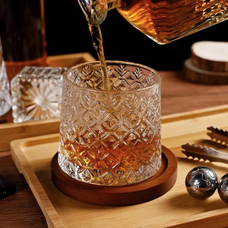 Set 6 pahare whiskey Ice Flower cu baza din lemn [5]