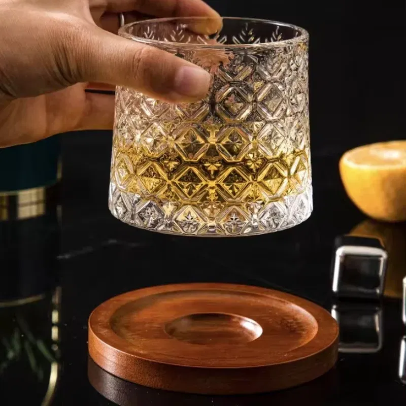 Set 6 pahare whiskey Ice Flower cu baza din lemn [7]