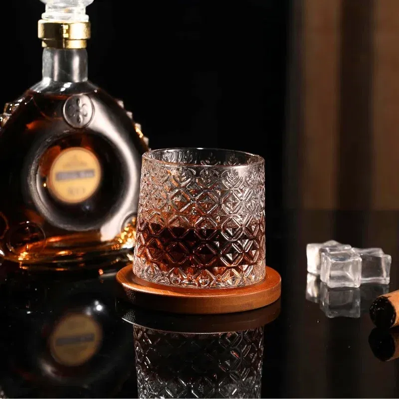 Set 6 pahare whiskey Ice Flower cu baza din lemn [4]